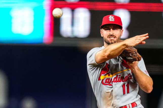 Jul 6, 2023; Miami, Florida, USA; St. Louis Cardinals shortstop Paul DeJong (11) throws the ball to first base against the Miami Marlins during the eighth inning at loanDepot Park.