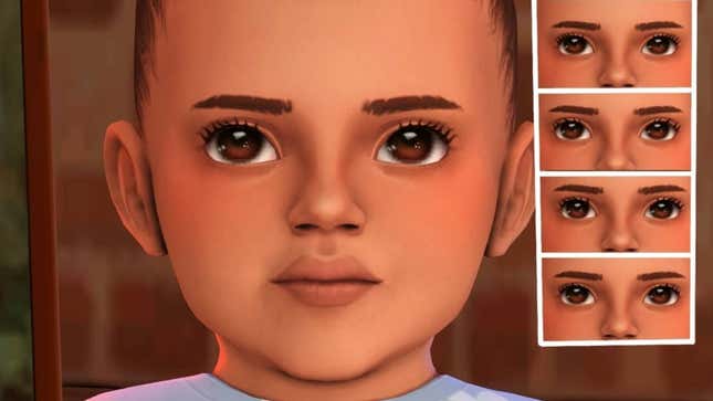 A Sims infant with huge eyelashes and perfect eyebrows.