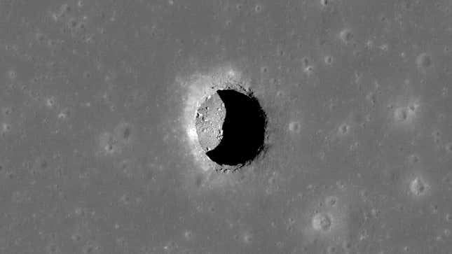 This depression in Mare Tranquillitatis is a roughly 328 foot (100 meter) wide pit in the Moon’s surface that remains at a comfortable 63 degrees Fahrenheit.