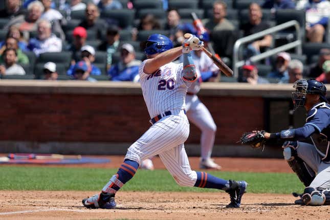 May 18, 2023; New York City, New York, USA; New York Mets first baseman Pete Alonso (20) follows through on a solo home run against the Tampa Bay Rays during the fourth inning at Citi Field.