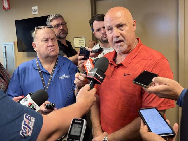 Aug 1, 2023; Washington, District of Columbia, USA; Washington Nationals general manager Mike Rizzo discusses the close of the trade window before the game against the Milwaukee Brewers at Nationals Park.