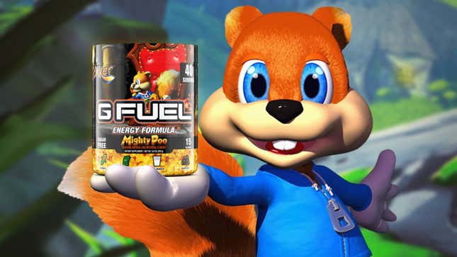 Conker is seen holding a container of G Fuel Mighty Poo Energy formula.