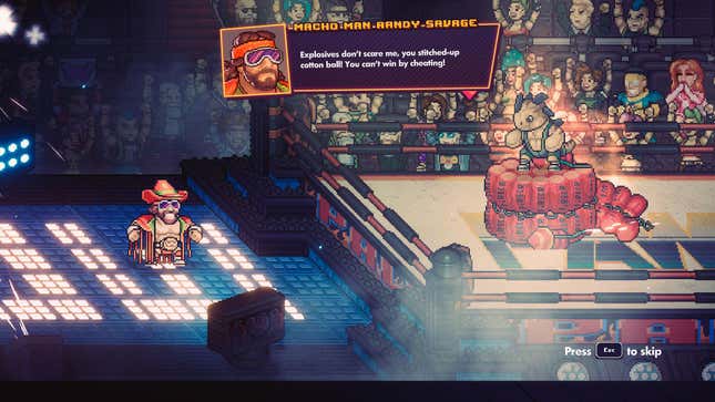A WrestleQuest screenshot shows Randy Savage walking to a ring filled with explosives.