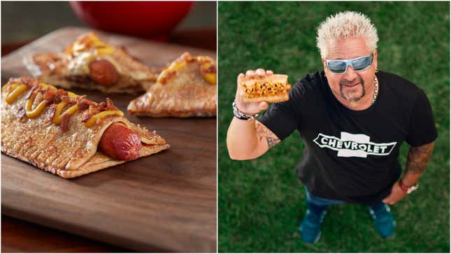 Left: product shot of hot dog inside apple pie pastry crust; right: Guy Fieri holding up the Apple Pie Hot Dog