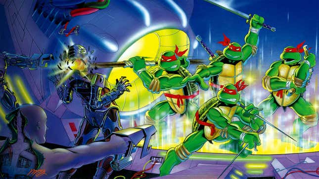 Four ninja turtles in red bandanas face off against strange robotic foes.