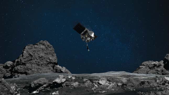 An illustration of the OSIRIS-REx spacecraft touching down on the asteroid.