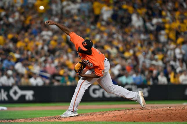 Aug 12, 2023; Seattle, Washington, USA; Baltimore Orioles relief pitcher Felix Bautista (74) pitches to the Seattle Mariners during the ninth inning at T-Mobile Park.