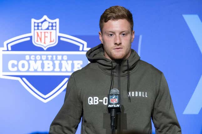 Mar 3, 2023; Indianapolis, IN, USA; Kentucky quarterback Will Levis (QB08) speaks to the press at the NFL Combine at Lucas Oil Stadium.