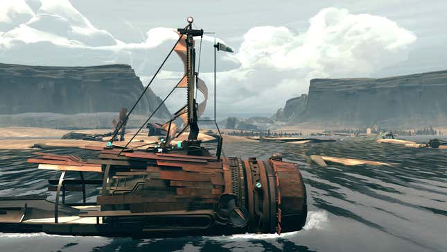A sailor operates a rickety vessel on an open ocean in Far: Changing Tides, one of the best games of 2022.