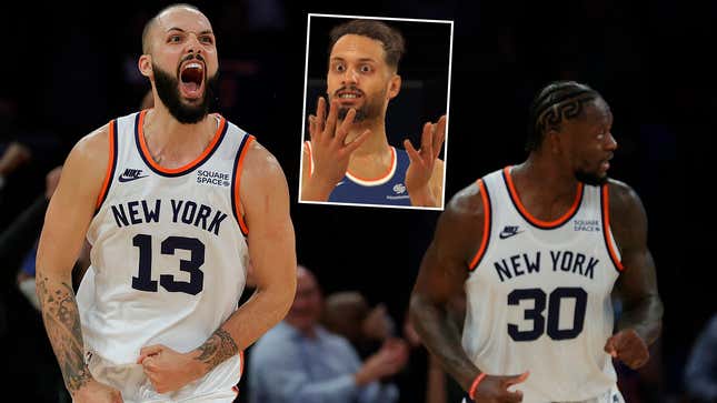 Evan Fournier (l.) and Julius Randle lit it up at MSG last night, Fournier’s horrible NBA Live rendering (c.) be damned.