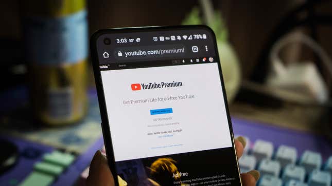 A photo of the YouTube Premium Lite splash page on an Android phone