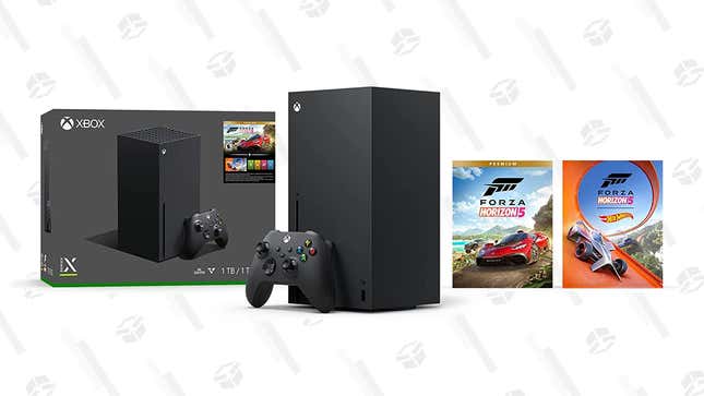 The Xbox Series X beside box art for Forza Horizon 5 and Forza Horizon 5 Hot Wheels