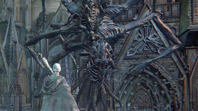The Lesser Amygdala, hanging on a church wall, stares at a Bloodborne Hunter, watching as Yharnam's denizen succumb to madness.