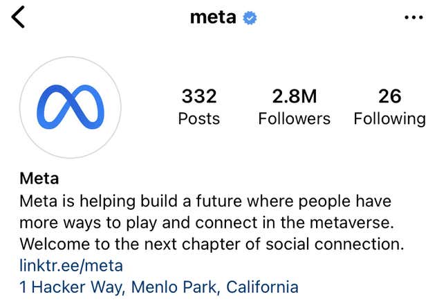 Screenshot of Meta's Instagram profile on mobile