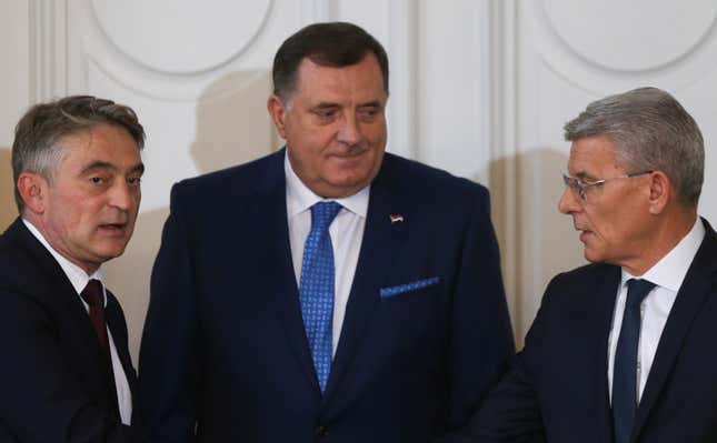 Newly elected members of Bosnia’s tripartite inter-ethnic presidency, Croat member Zeljko Komsic, Serb member Milorad Dodik and Bosniak member Sefik Dzaferovic, are pictured in November.