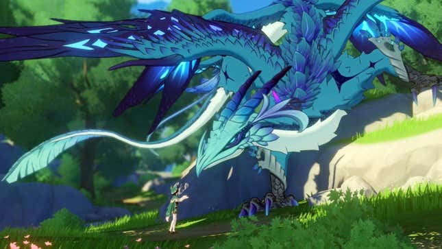 An image from Genshin Impact depicting a character going to pet a gigantic sky dragon.