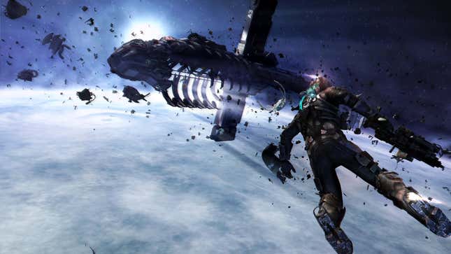 Isaac Clarke is seen floating through space toward a derelict ship.