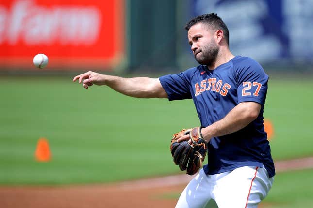 May 2, 2023; Houston, Texas, USA; Houston Astros second baseman Jose Altuve (27) works out prior to the game against the San Francisco Giants at Minute Maid Park.