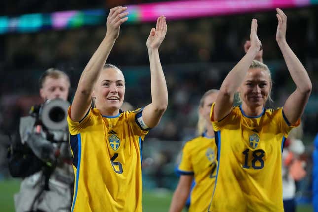Aug 6, 2023; Melbourne, AUS; Sweden defender Magdalena Eriksson (6) and forward Fridolina Rolfo (18) celebrate after defeating the United States in the penalty kick shootout during a Round of 16 match in the 2023 FIFA Women's World Cup at Melbourne Rectangular Stadium.