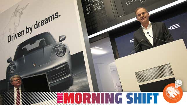 Stock operator Deutsche Boerse AG’s CEO Theodor Weimer, left, looks on as Oliver Blume, CEO of Porsche and Volkswagen, speaks during Porsche’s initial public offering presentation at the Frankfurt Stock Exchange on Thursday morning.