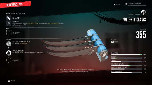 Claws are displayed in the Dead Island 2 weapon inventory.
