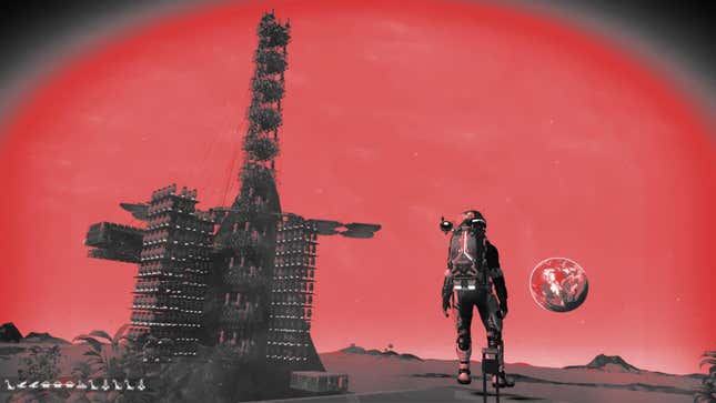 A No Man's Sky player looks at their Indium farming rig on a barren planet. 
