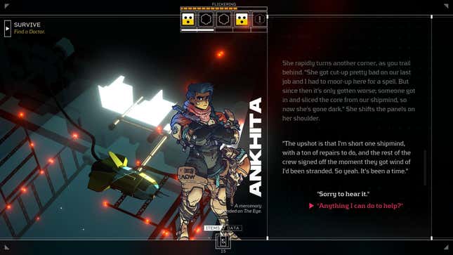 A screenshot from Citizen Sleeper where the main character chooses dialogue while talking to an NPC named Ankhita.