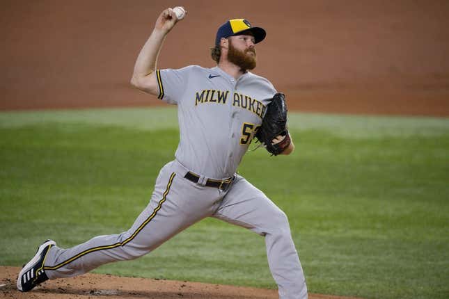 Aug 18, 2023; Arlington, Texas, USA; Milwaukee Brewers starting pitcher Brandon Woodruff (53) pitches against the Texas Rangers during the first inning at Globe Life Field.