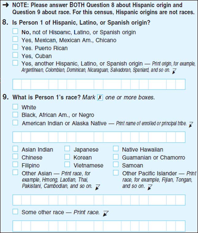The US Census race and ethnicity question as asked in 2010.