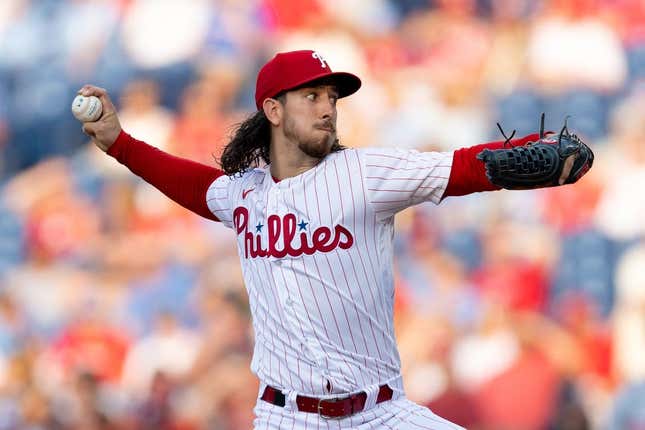 Aug 9, 2023; Philadelphia, Pennsylvania, USA; Philadelphia Phillies starting pitcher Michael Lorenzen (22) throws a pitch during the first inning against the Washington Nationals at Citizens Bank Park.