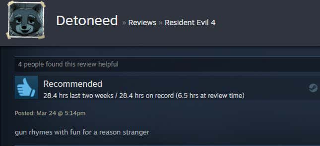 A screenshot of a Steam user text review for the game Resident Evil 4.