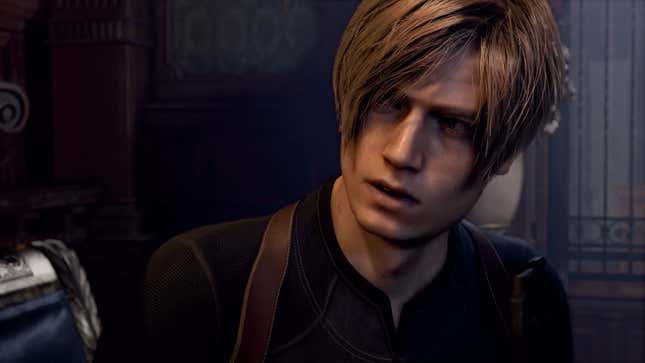 Leon looks off to the side in the upcoming Resident Evil 4 remake.