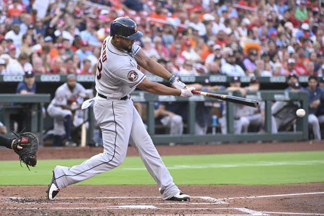 Jun 29, 2023; St. Louis, Missouri, USA; Houston Astros first baseman Jose Abreu (79) hits a two-run double against the St. Louis Cardinals in the second inning at Busch Stadium.