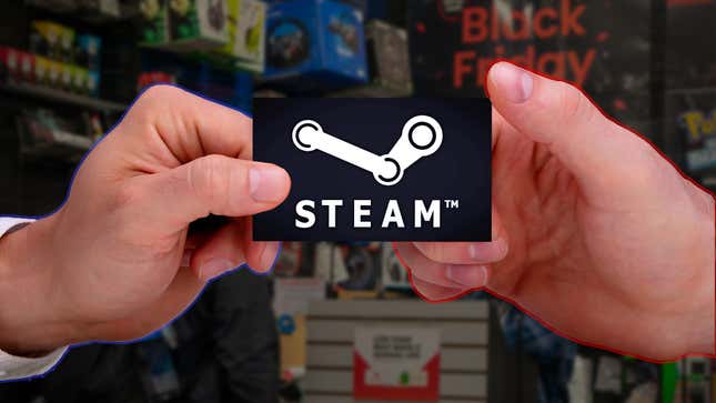 Two hands exchange a Steam card inside a GameStop. 