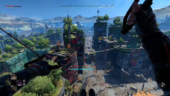 A first person screenshot of a player paragliding over the city in-game.