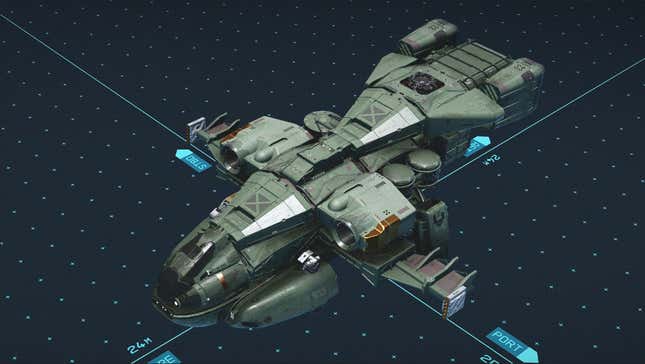 A remake of the Pelican from Halo sits in Starfield's ship builder.