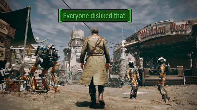 A space snitch walks into a colony while a neon text box says "everyone disliked that."