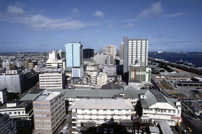 The modern high-rise buildings of the Lagos skyline in 1988.