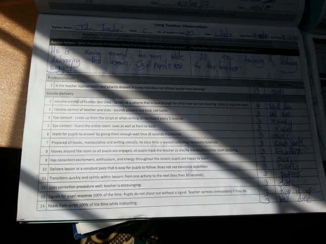 Part of a teacher evaluation at Bridge.
