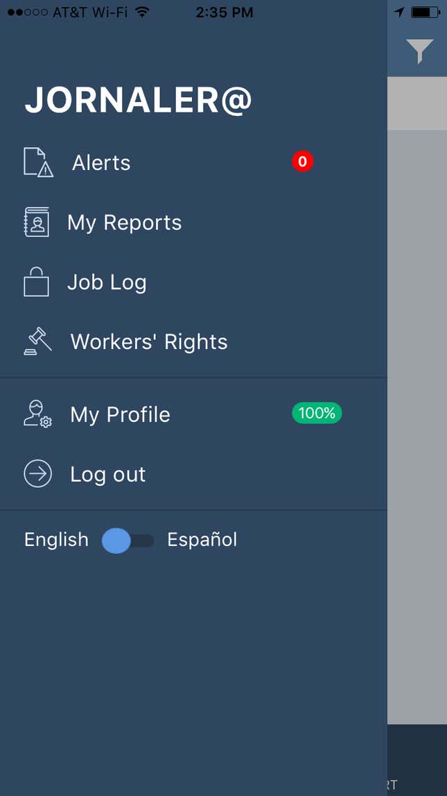 Un screenshot de la patana principal del app.