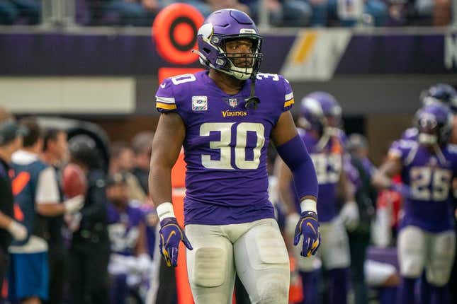 Oct 10, 2021; Minneapolis, Minnesota, USA; Minnesota Vikings fullback C.J. Ham (30) walks to the huddle against the Detroit Lions at U.S. Bank Stadium.