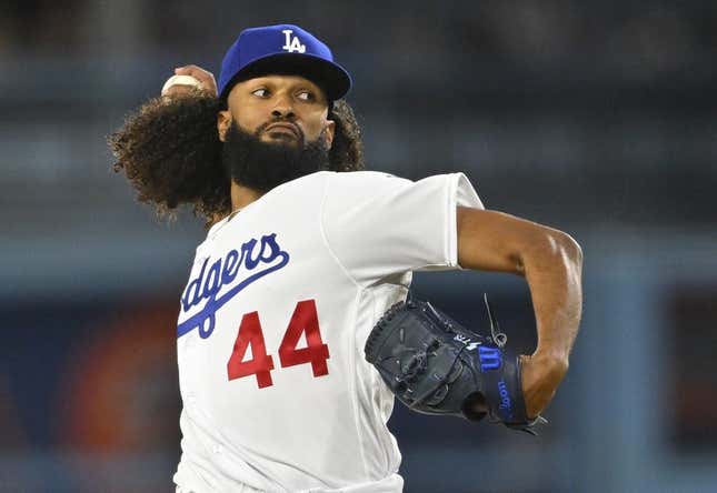 Apr 14, 2023; Los Angeles, California, USA; Los Angeles Dodgers starting pitcher Andre Jackson (44) throws to the plate in the ninth inning against the Chicago Cubs at Dodger Stadium.