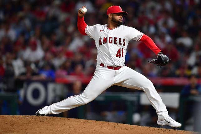 August 3, 2023; Anaheim, California, USA; Los Angeles Angels relief pitcher Reynaldo Lopez (41) throws against the Seattle Mariners during the eighth inning at Angel Stadium.