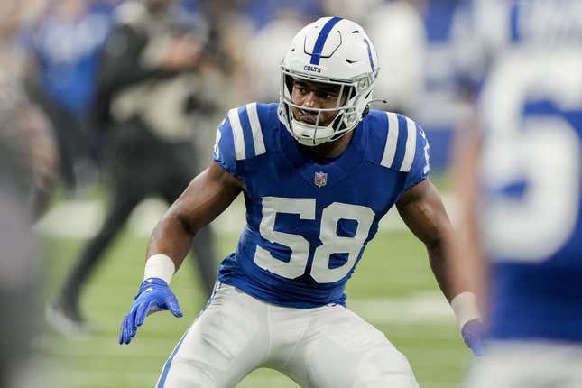 Jan 8, 2023; Indianapolis, Indiana, USA; Indianapolis Colts linebacker Bobby Okereke (58) warms up Sunday, Jan. 8, 2023, before a game against the Houston Texans at Lucas Oil Stadium.