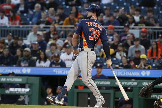Apr 10, 2023; Pittsburgh, Pennsylvania, USA;  Houston Astros right fielder Kyle Tucker (30) hits a two run single against the Pittsburgh Pirates during the fourth inning at PNC Park.