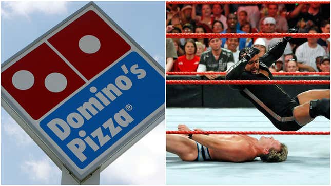Side-by-side image of a Domino's Pizza sign and a wrestling still