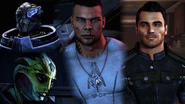 Garrus, Thane, James, and Kaidan are shown in a collage.