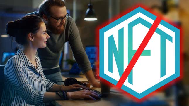 An image of two developers working on an NFT logo that's been crossed out.