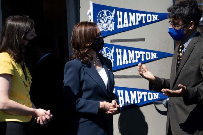 US Vice President Kamala Harris (C) tours Hampton University during a visit highlighting Historically black colleges and universities (HBCU) and science, technology, engineering, and mathematics (STEM) programs on September 10, 2021, in Hampton, Virginia. 