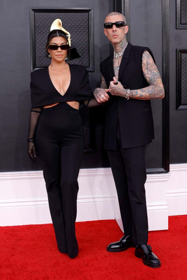 Kourtney Kardashian and Travis Barker attend the 64th Annual GRAMMY Awards at MGM Grand Garden Arena on April 03, 2022 in Las Vegas, Nevada. 